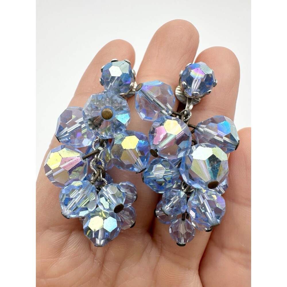 vintage blue Aurora Borealis glass faceted beaded clip on earrings
